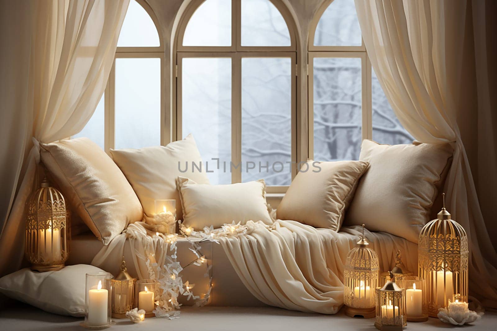 Bright Christmas-themed Room in Gold and Pastel Colors with an Illuminated Window. A Warm Festive Atmosphere for New Year.