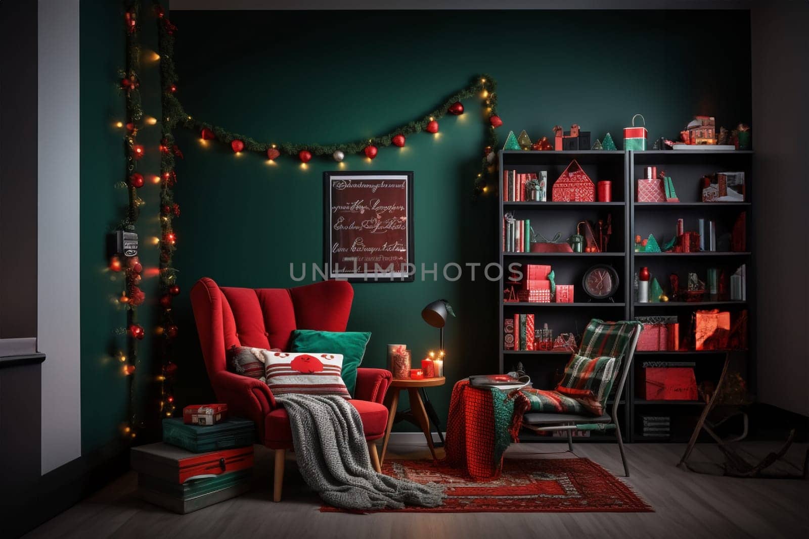 A modern-style room in green and red colors, decorated for Christmas. Holiday comfort, home concepts.