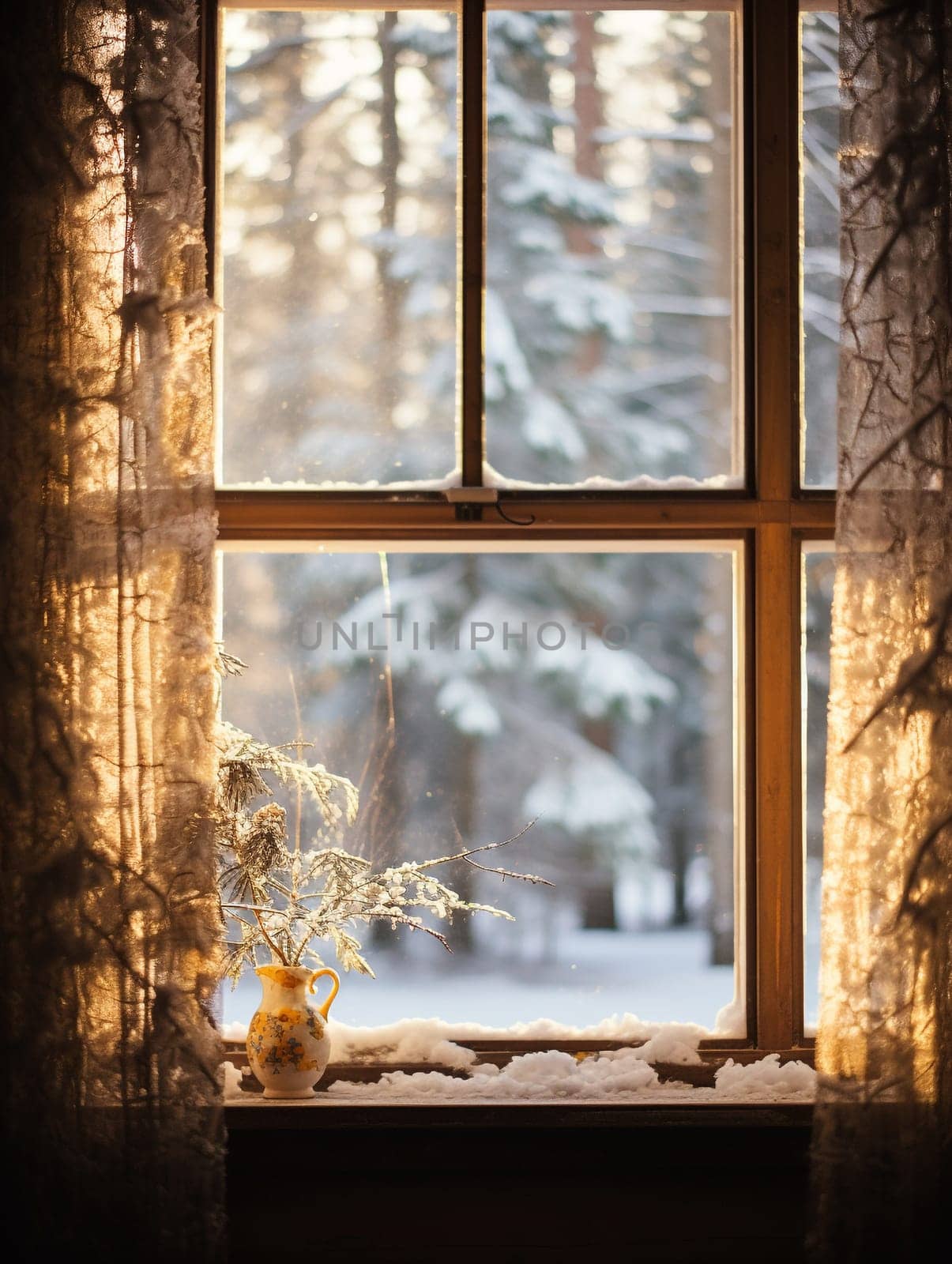 View through the window of a cottage into a snow-covered winter forest