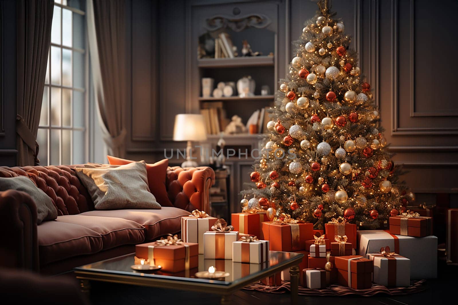 Bright room decorated for Christmas or New Year with a Christmas tree, a sofa, an illuminated window creating a warm festive atmosphere.