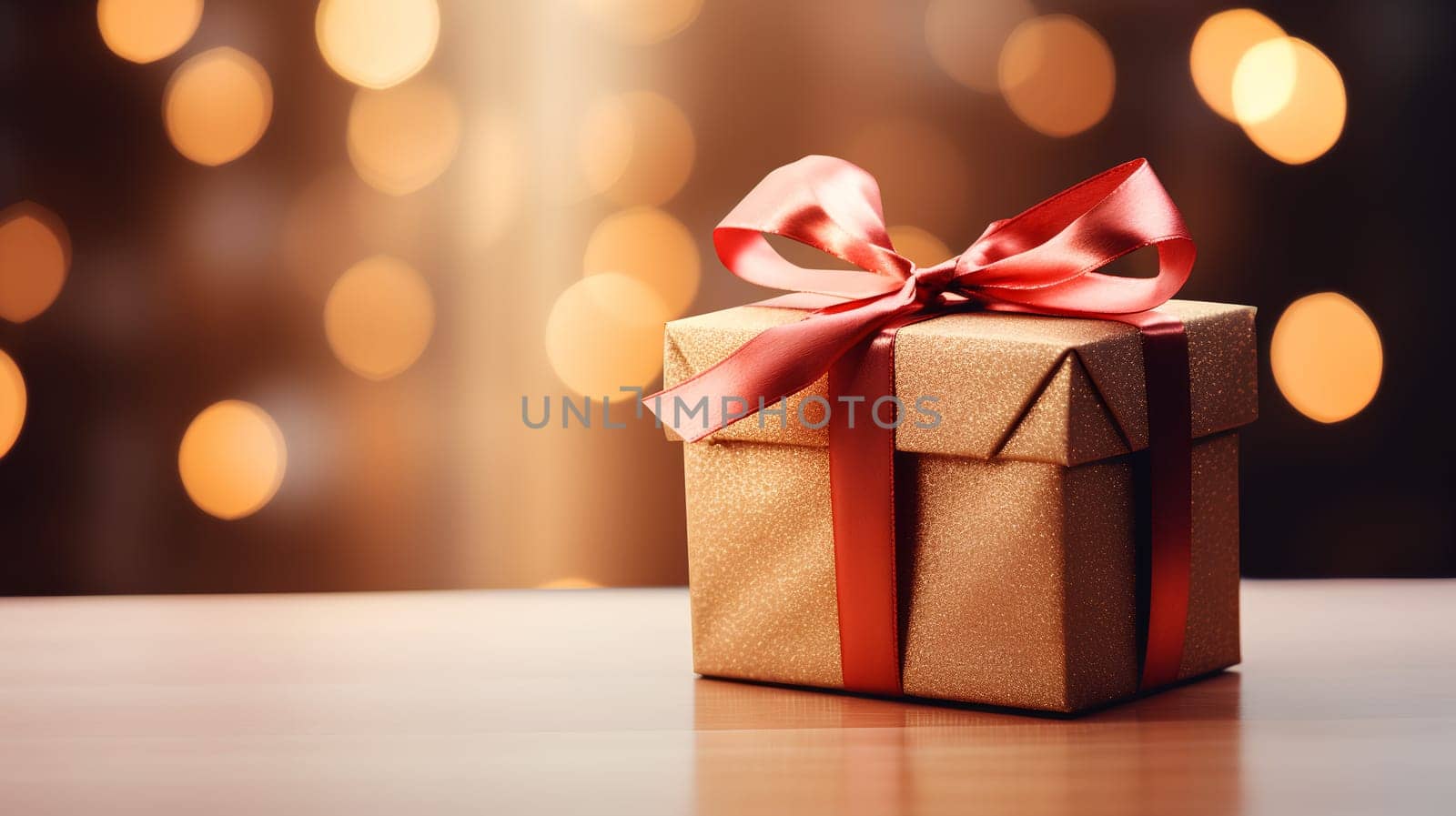 A sparkling golden gift box tied with a red ribbon, set against a backdrop of warm bokeh lights - Generative AI