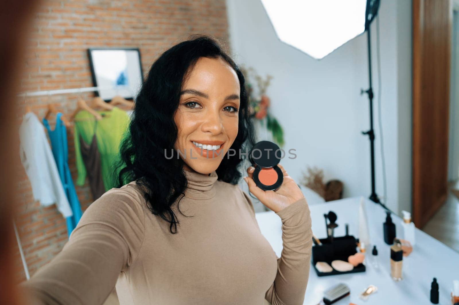 Woman influencer shoot live streaming vlog video review makeup crucial social by biancoblue
