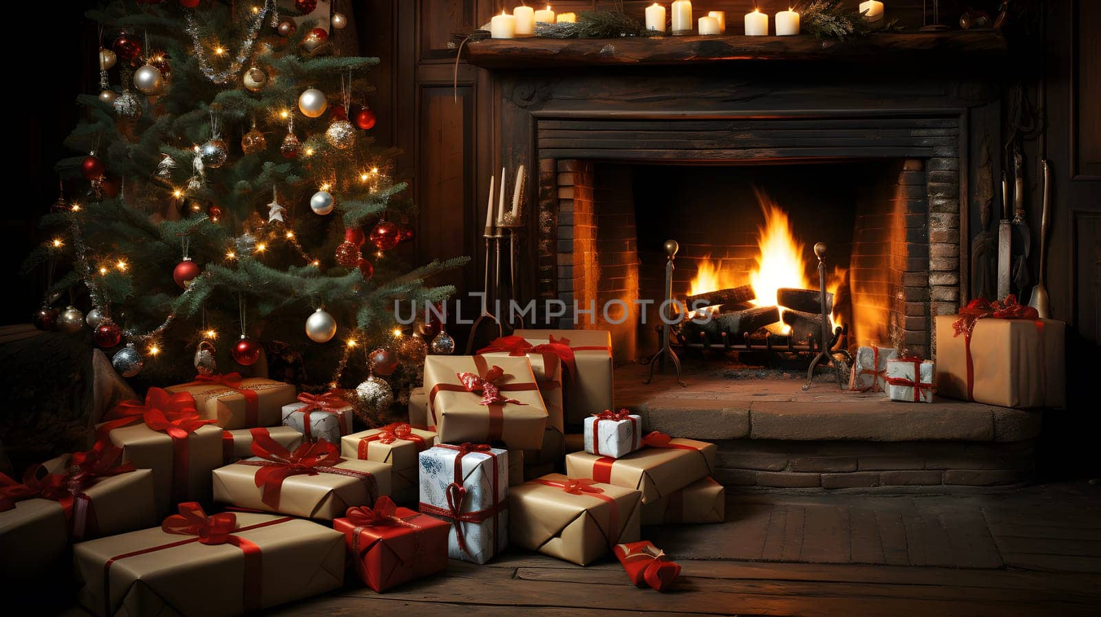 A sparkling tree stands tall, adorned with twinkling lights and shimmering ornaments, creating a warm and festive atmosphere indoors as presents await to be unwrapped on christmas morning - generative AI