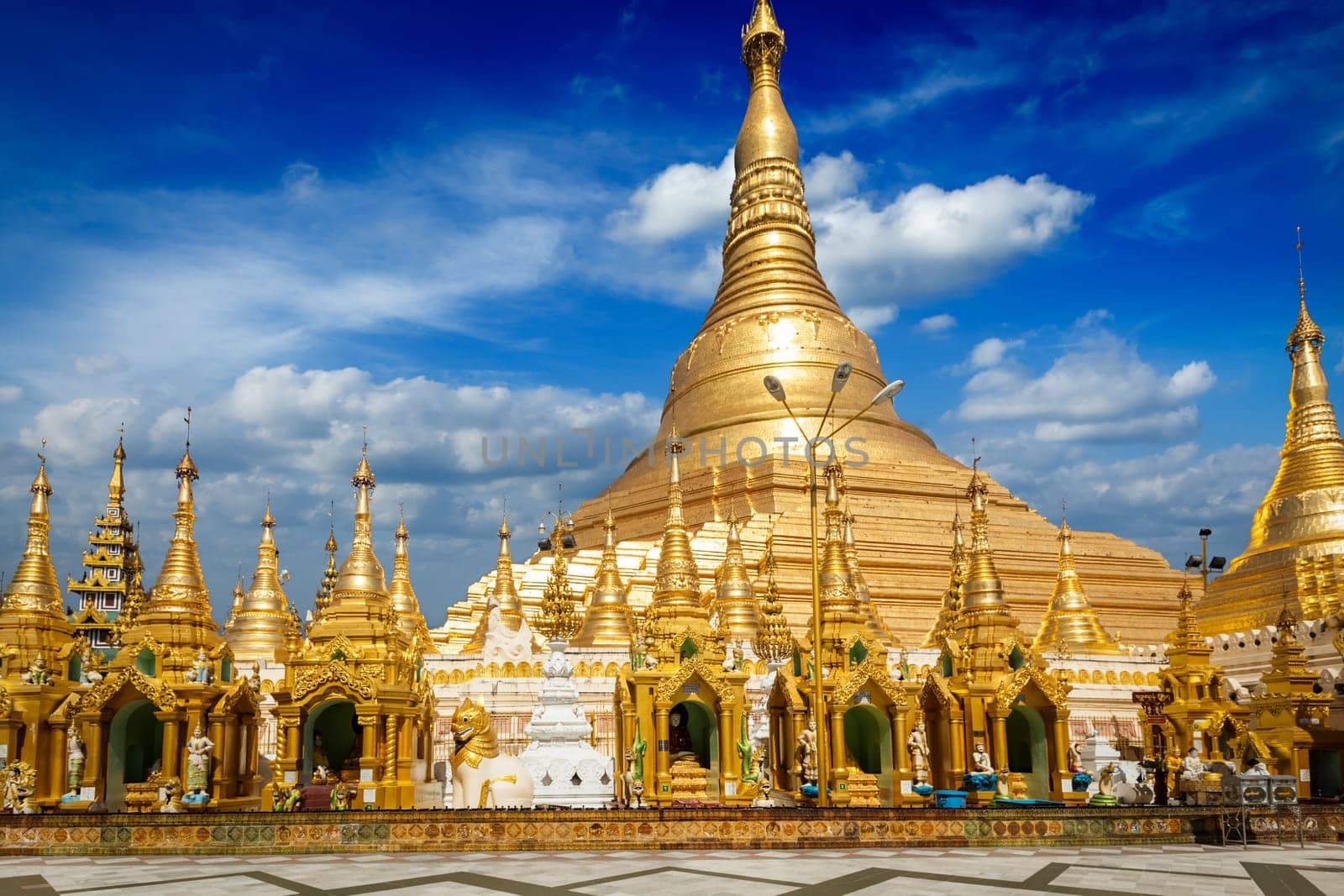 Myanmar famous sacred place and tourist attraction landmark - Shwedagon Paya pagoda. Yangon, Myanmar