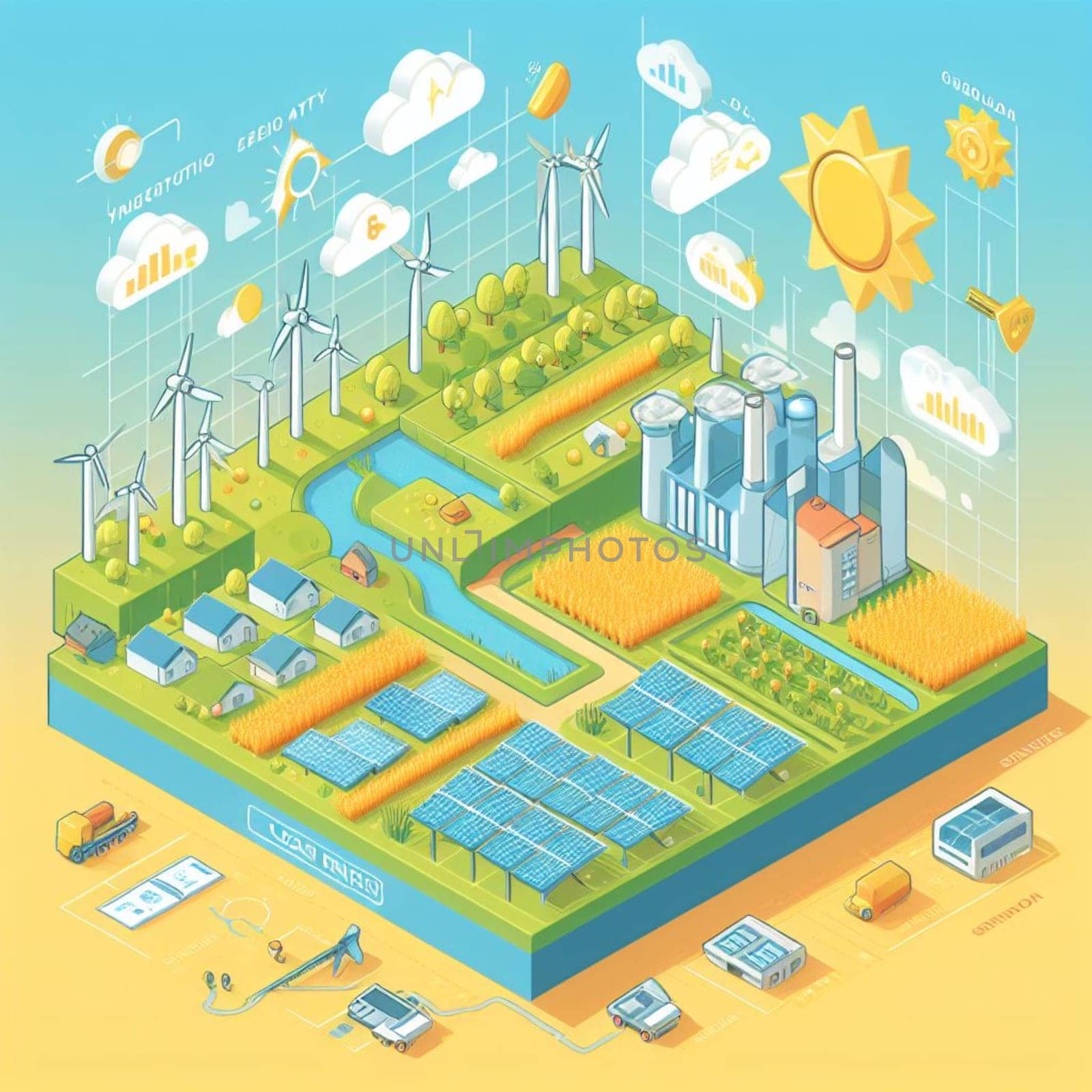 info graphic isometric depicting a set of clean energyy generation icons and situation for better future ai art