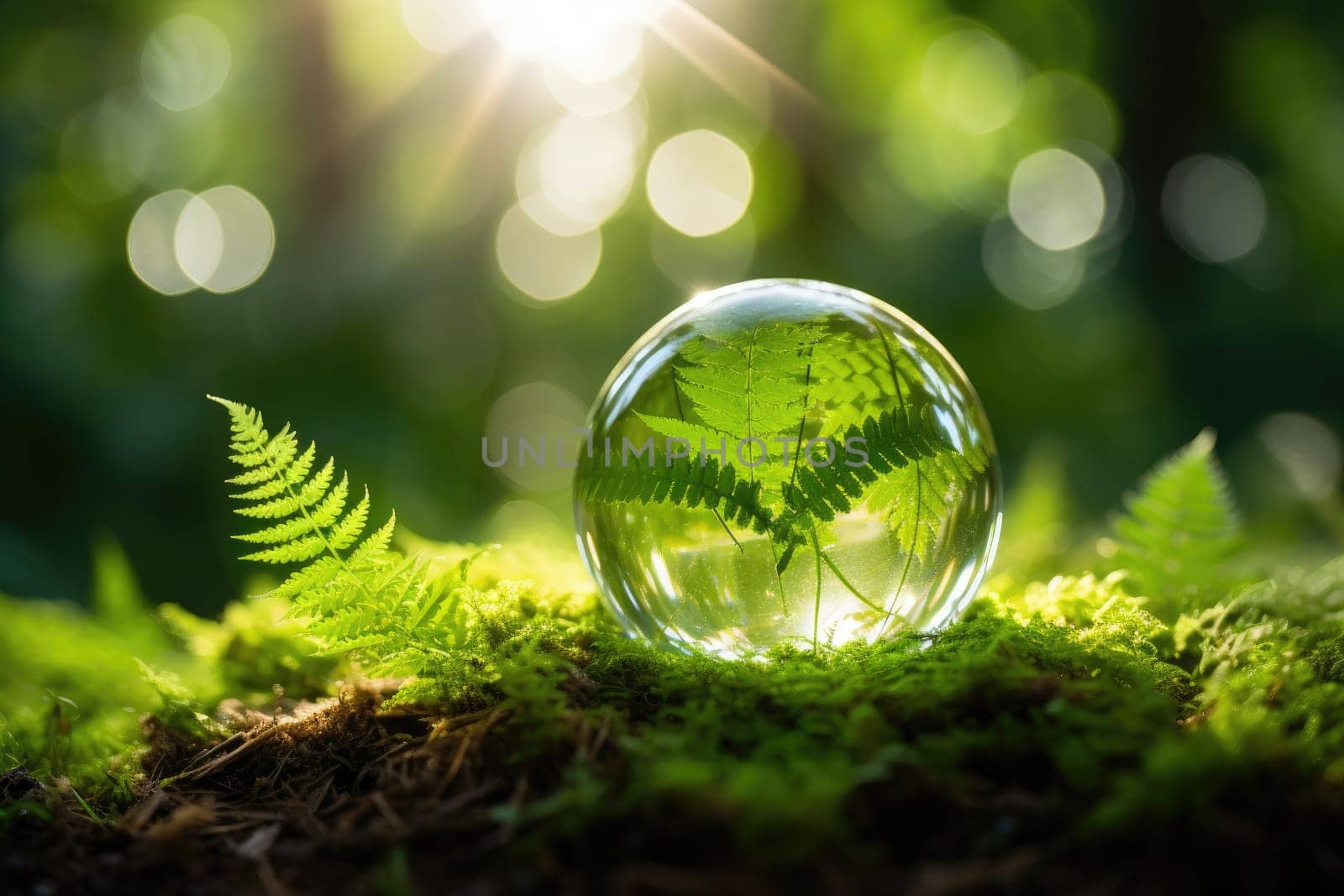Conservation concept to preserve the earth's environment on grass with ferns and sunlight.by Generative AI.