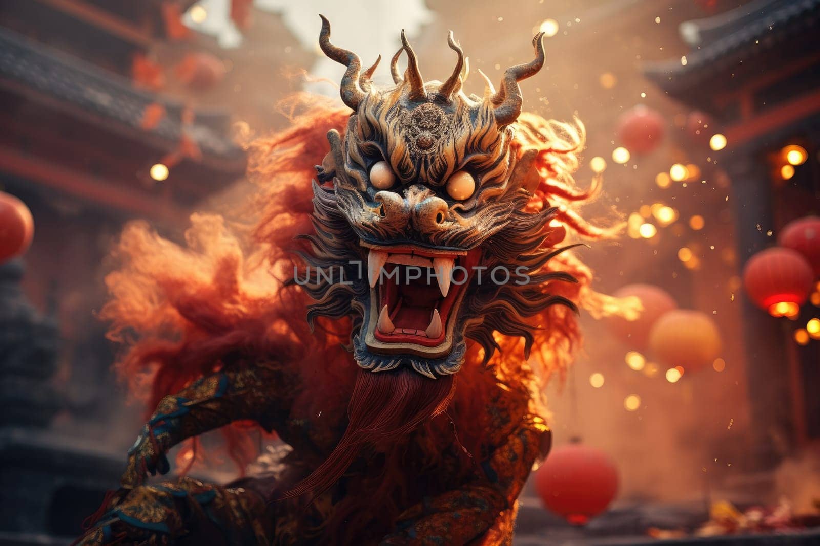 New Year Festival Dragon Festival has traditional smoke and fireworks in Chinese temples.by Generative AI.