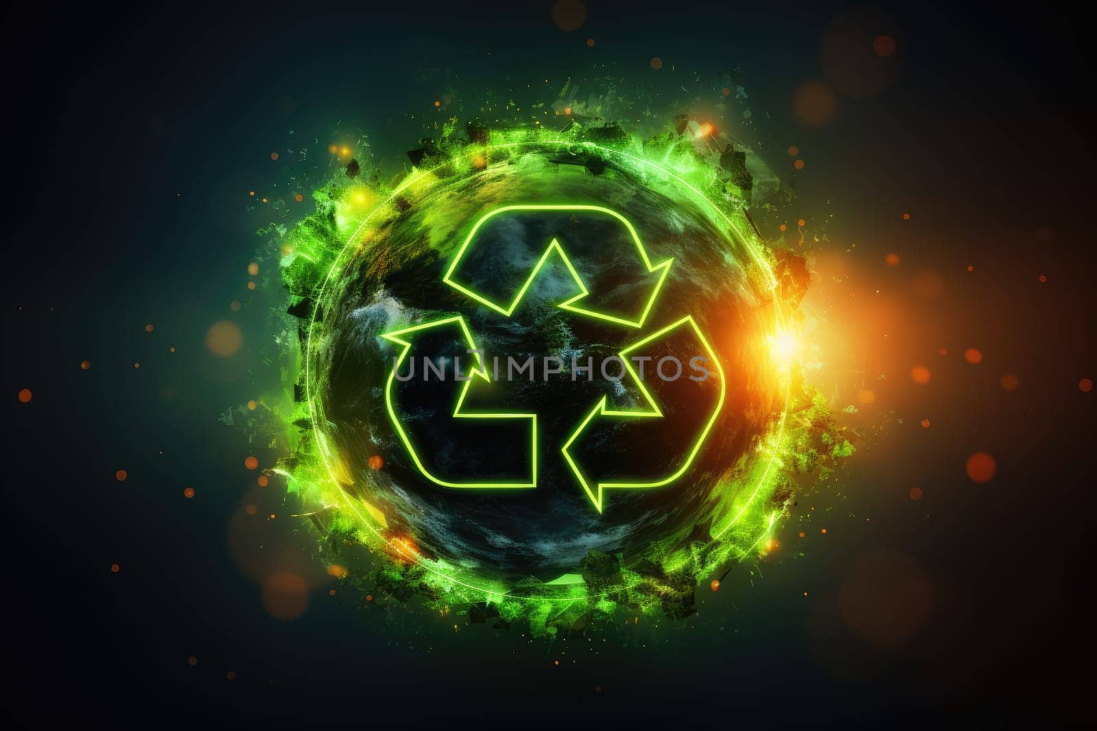 Glowing recycling icon, sorting and recycling environmental lending concept, world recycling day sign, rotating circle symbol, futuristic technology with green neon glow in smoke.by Generative AI.