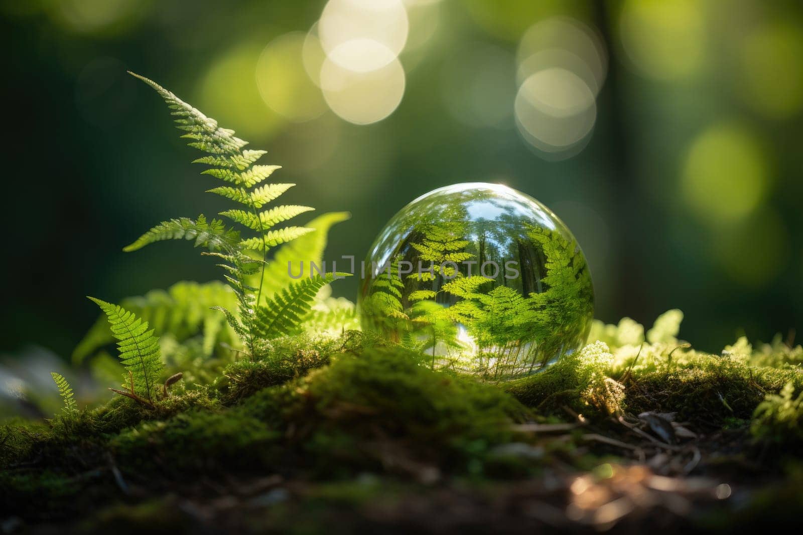 Conservation concept to preserve the earth's environment on grass with ferns and sunlight.by Generative AI.