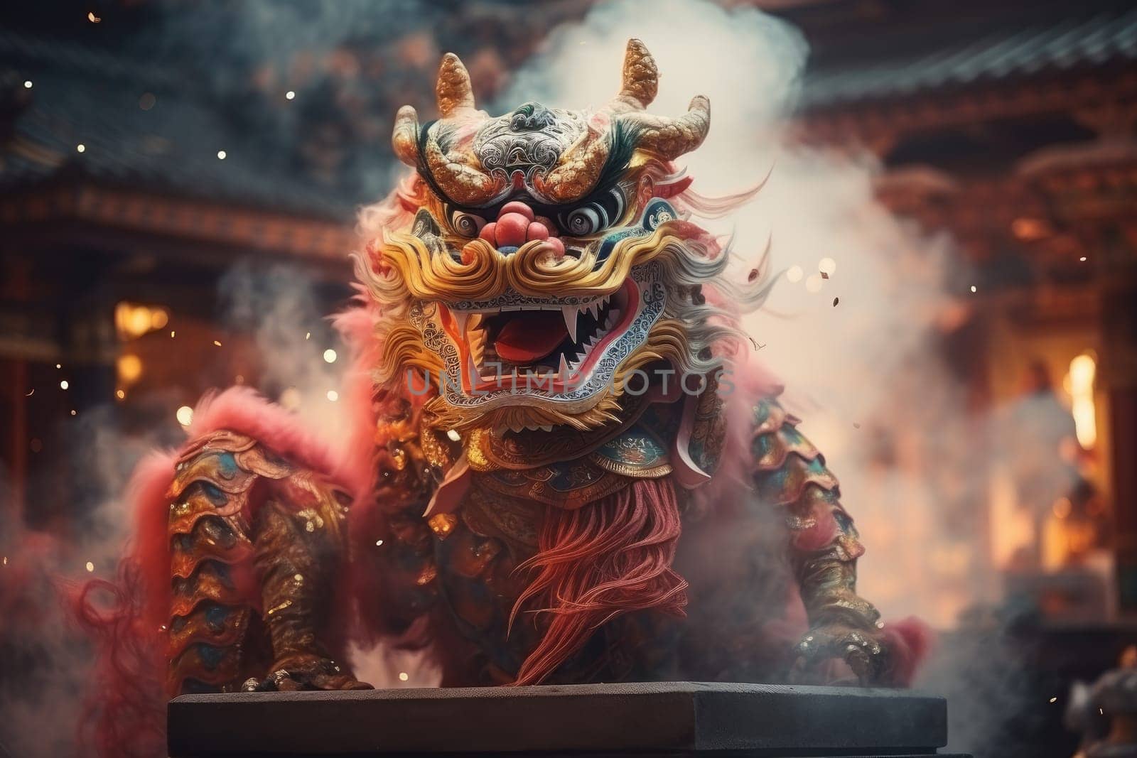 New Year Festival Dragon Festival has traditional smoke and fireworks in Chinese temples.by Generative AI.