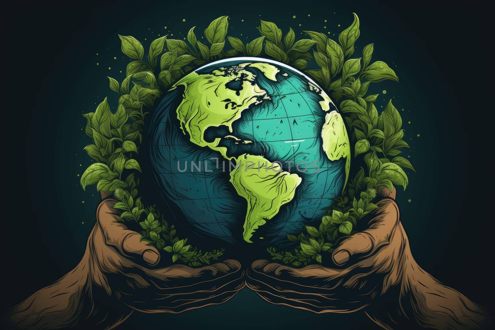 Hand holding a green globe. Earth day concept. Earth day for posters, banners, prints, web. Save the earth. Environment. Save the world concept.by Generative AI.