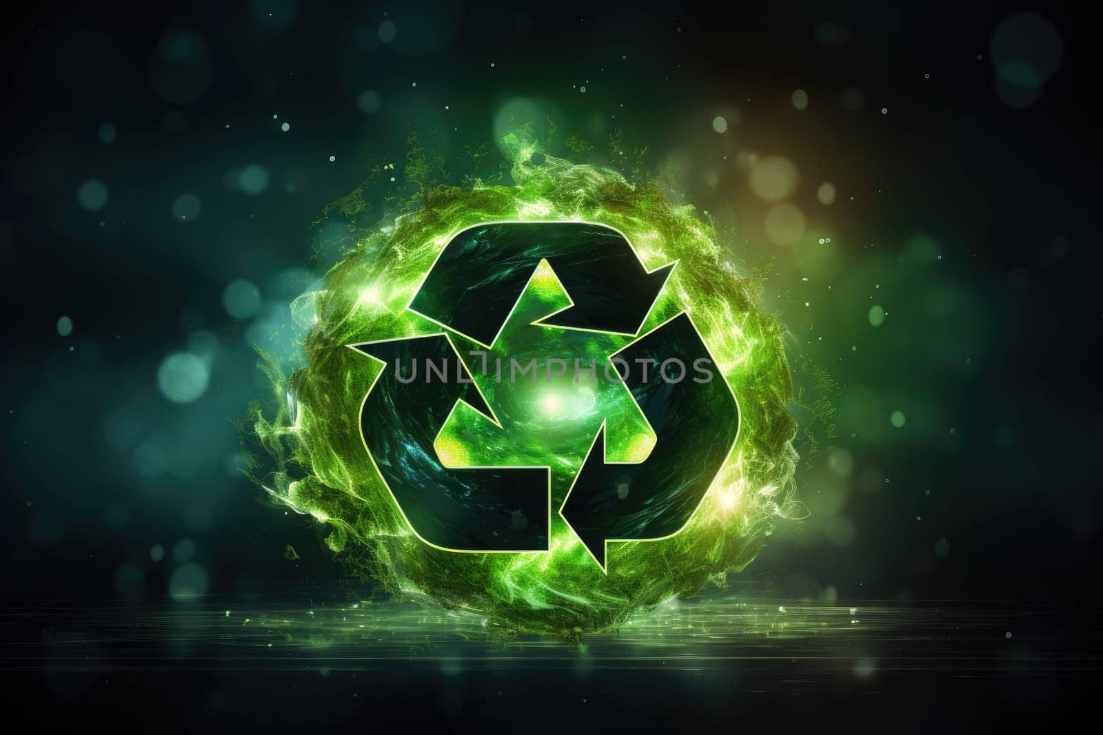 Glowing recycling icon, sorting and recycling environmental lending concept, world recycling day sign, rotating circle symbol, futuristic technology with green neon glow in smoke.by Generative AI.