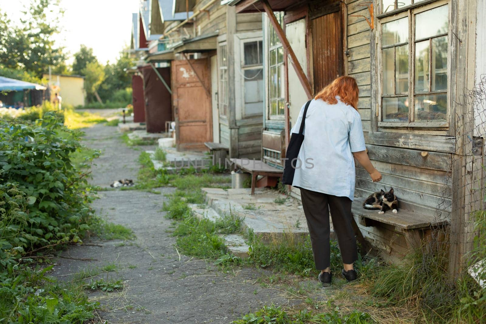 Girl at old house. Student came to poor house. Girl looking for address in ghetto. Details of walk in summer. by OlegKopyov