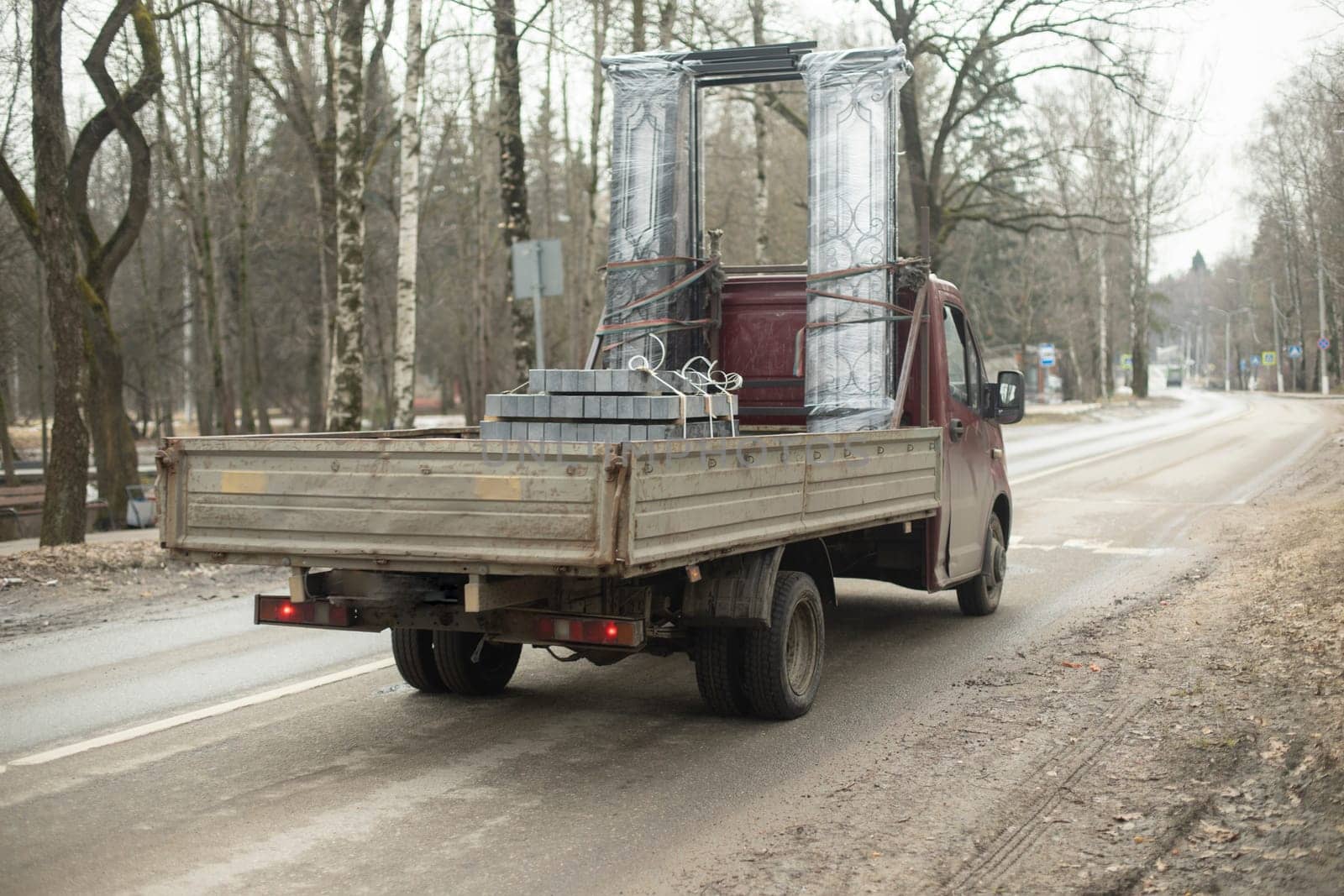 Truck in city. Cargo transport machine. Transport on road. by OlegKopyov