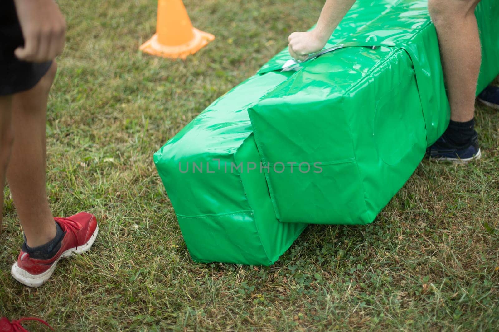 Sports equipment. Preparing fun game in summer. Soft mat. Sports game.