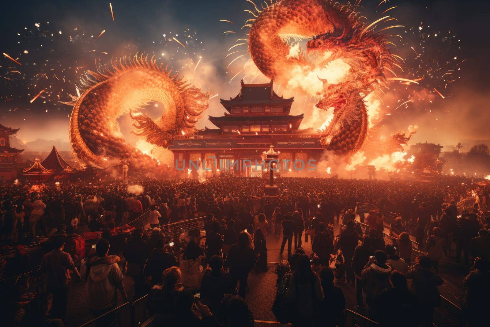 Celebrate Chinese New Year with fireworks, giant dragons and crowds. Chinese New Year Festival.by Generative AI.