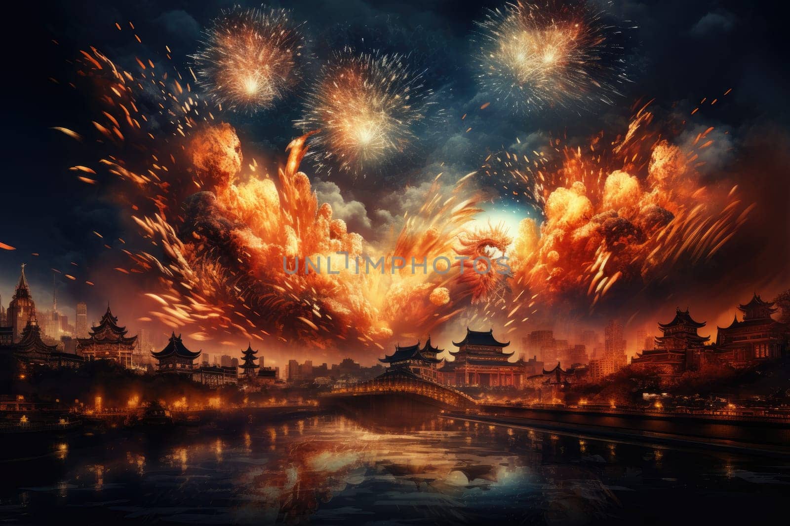 Celebrate Chinese New Year with fireworks, giant dragons and crowds. Chinese New Year Festival.by Generative AI.