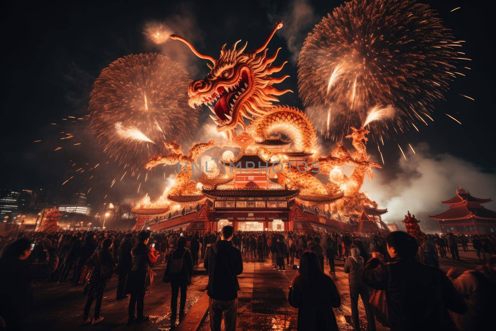 Celebrate Chinese New Year with fireworks, giant dragons and crowds. Chinese New Year Festival.by Generative AI.