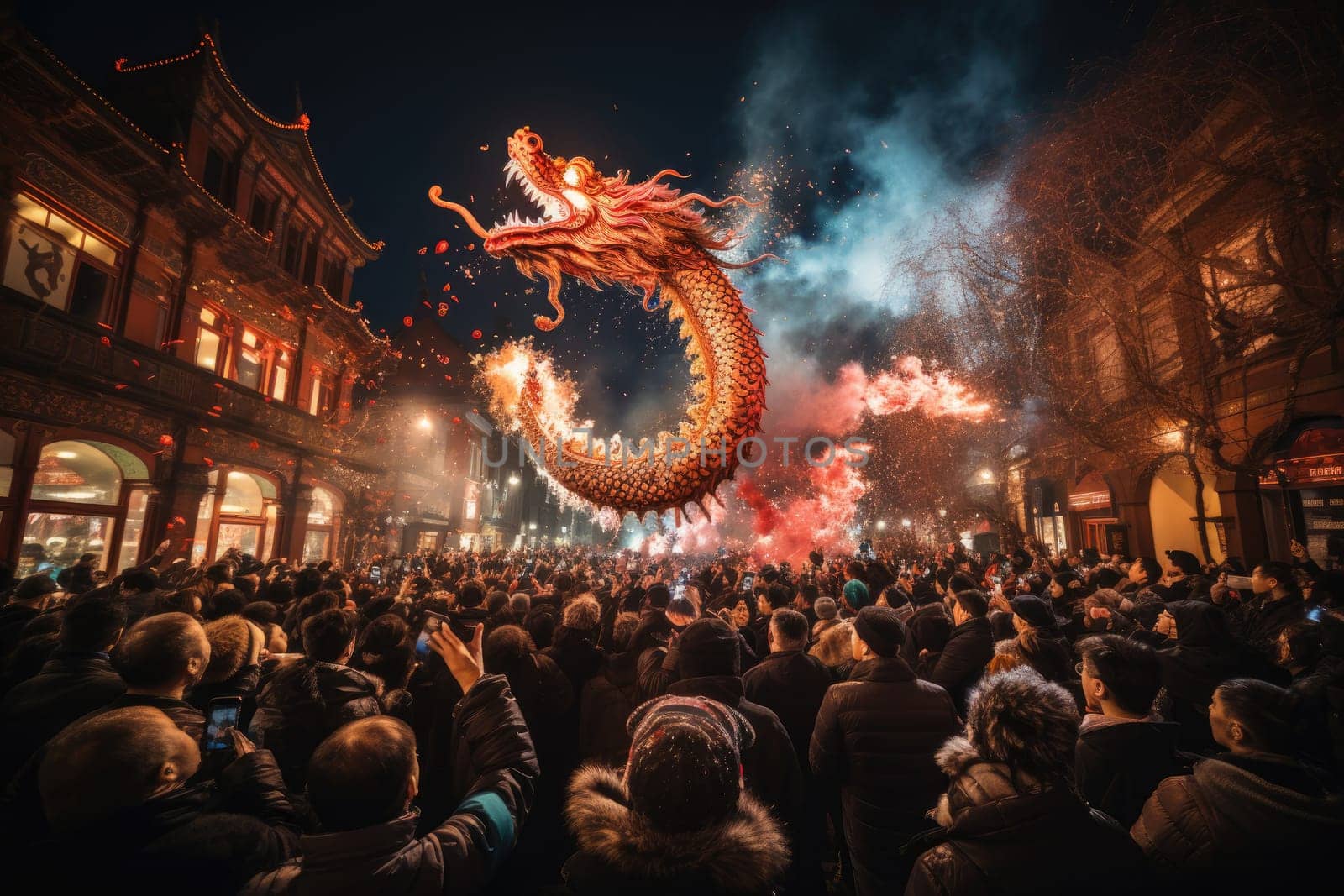 Celebrate Chinese New Year with fireworks, giant dragons and crowds. Chinese New Year Festival.by Generative AI.