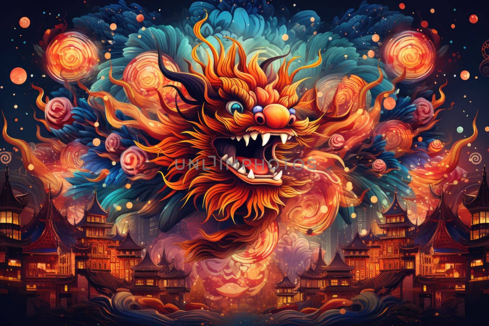 Celebrate Chinese New Year with fireworks, giant dragons and crowds. Chinese New Year Festival.by Generative AI.