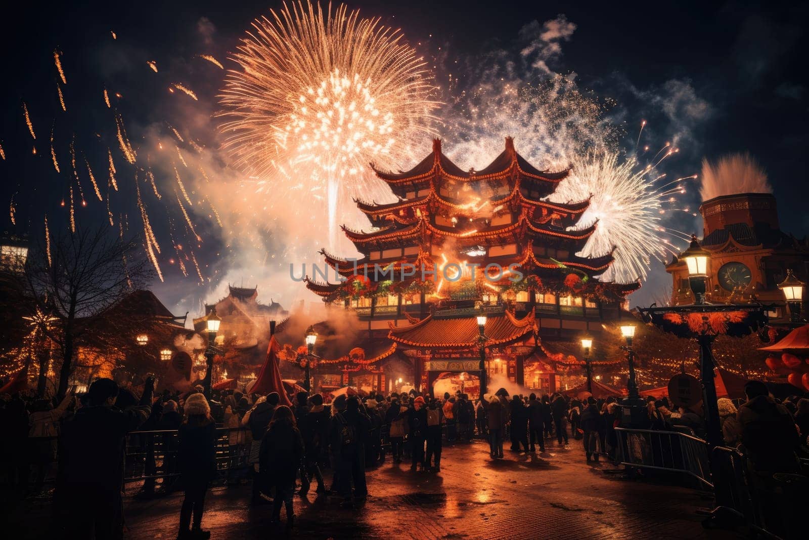 Celebrate Chinese New Year with fireworks, giant dragons and crowds. Chinese New Year Festival.by Generative AI.
