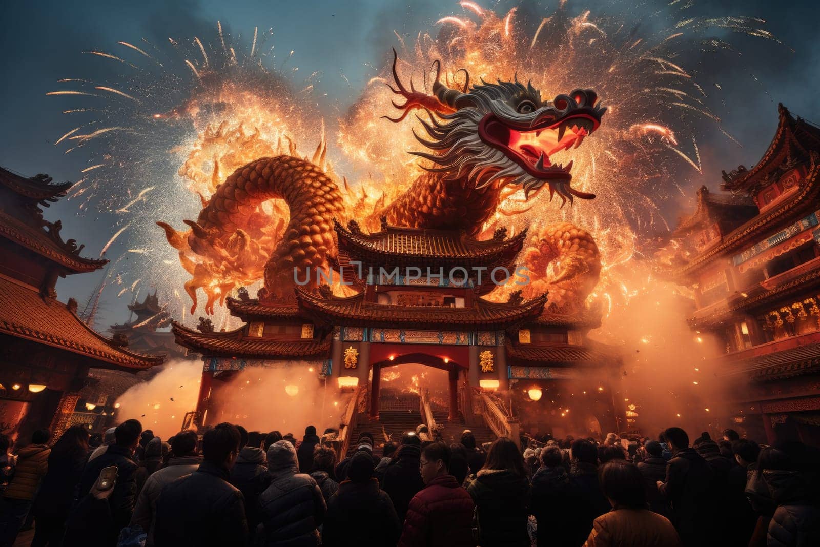 Celebrate Chinese New Year with fireworks, giant dragons and crowds. Chinese New Year Festival.by Generative AI.