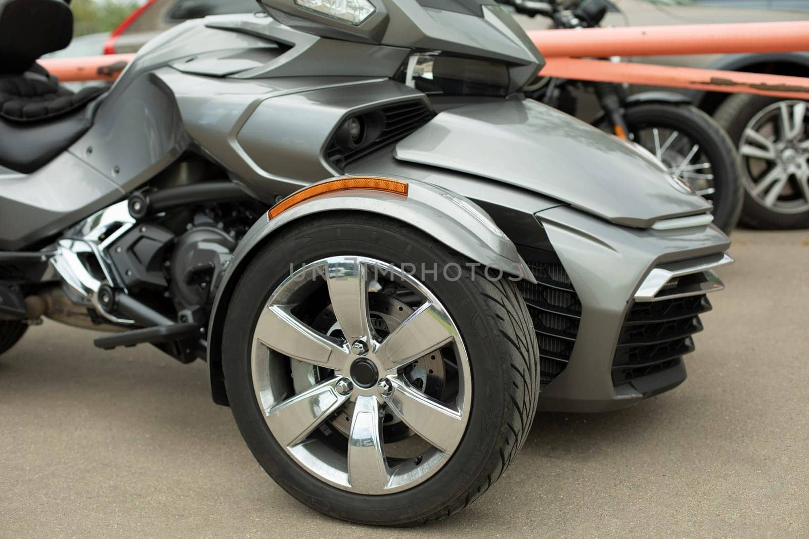 Sports transport. Aggressive bike design. Wheel on machine. Three wheel bike.