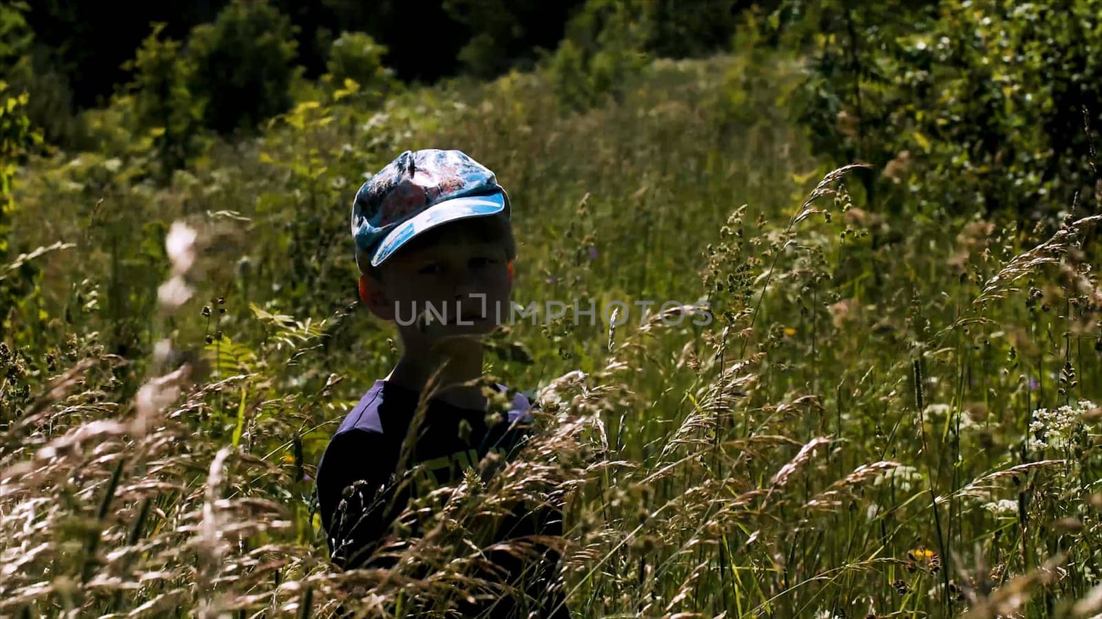 Portrait of a thoughtful little boy standing in long grass. Creative. Cute boy child in the summer meadow under the shining sun