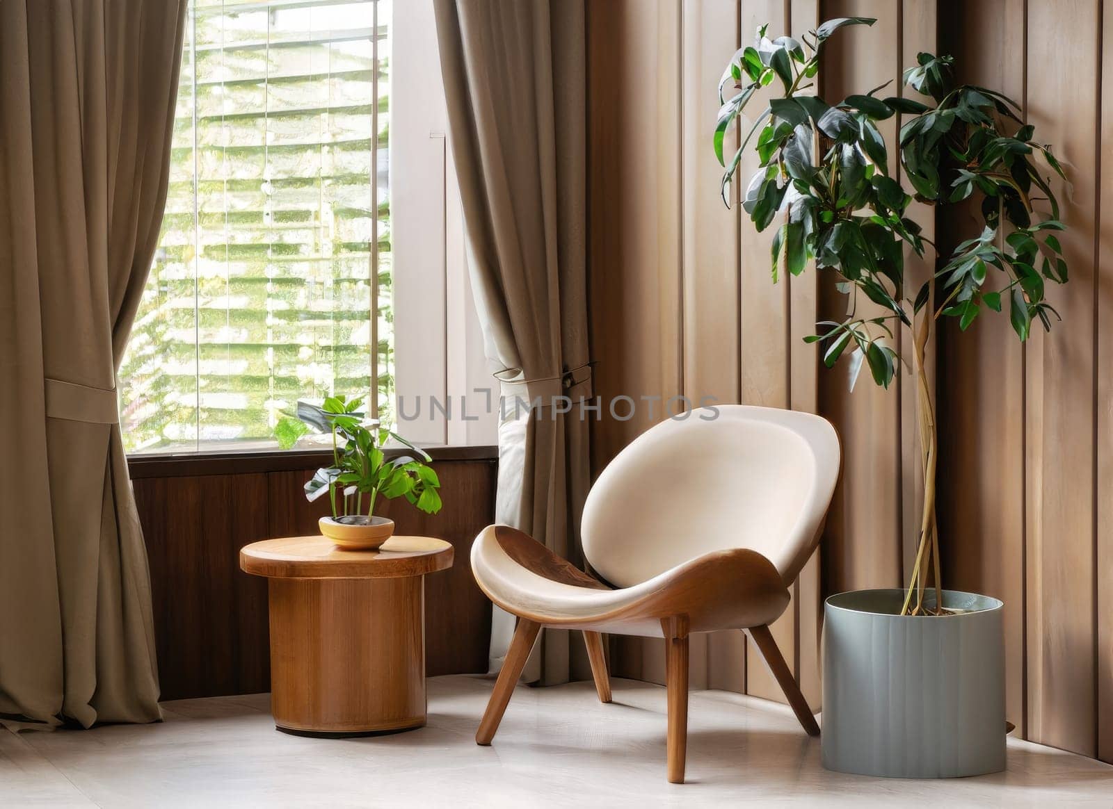 chair and round wooden coffee table against window near paneling wall. AI Generated. by PeaceYAY