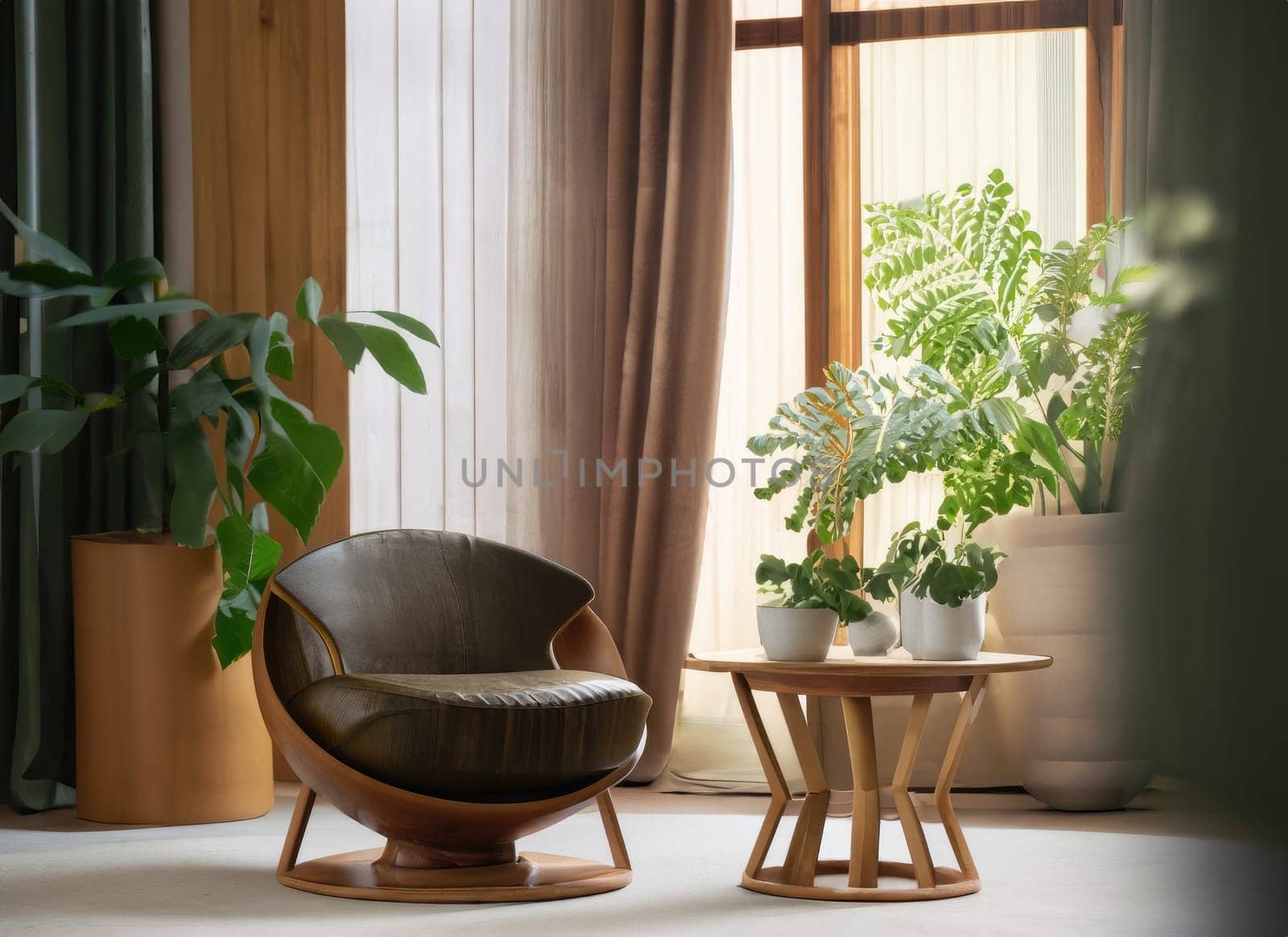chair and round wooden coffee table against window near paneling wall. AI Generated. by PeaceYAY