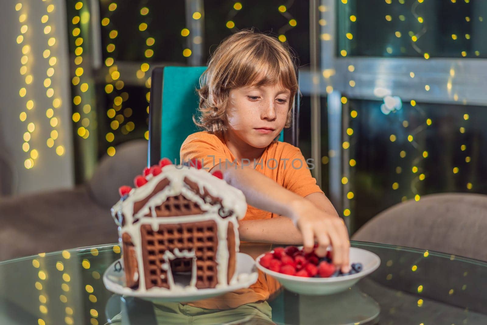 Immerse in festive delight as a boy crafts boy crafting an unconventional gingerbread house, infusing Christmas with unique creativity and festive cheer. A sweet scene of seasonal bonding and culinary fun.