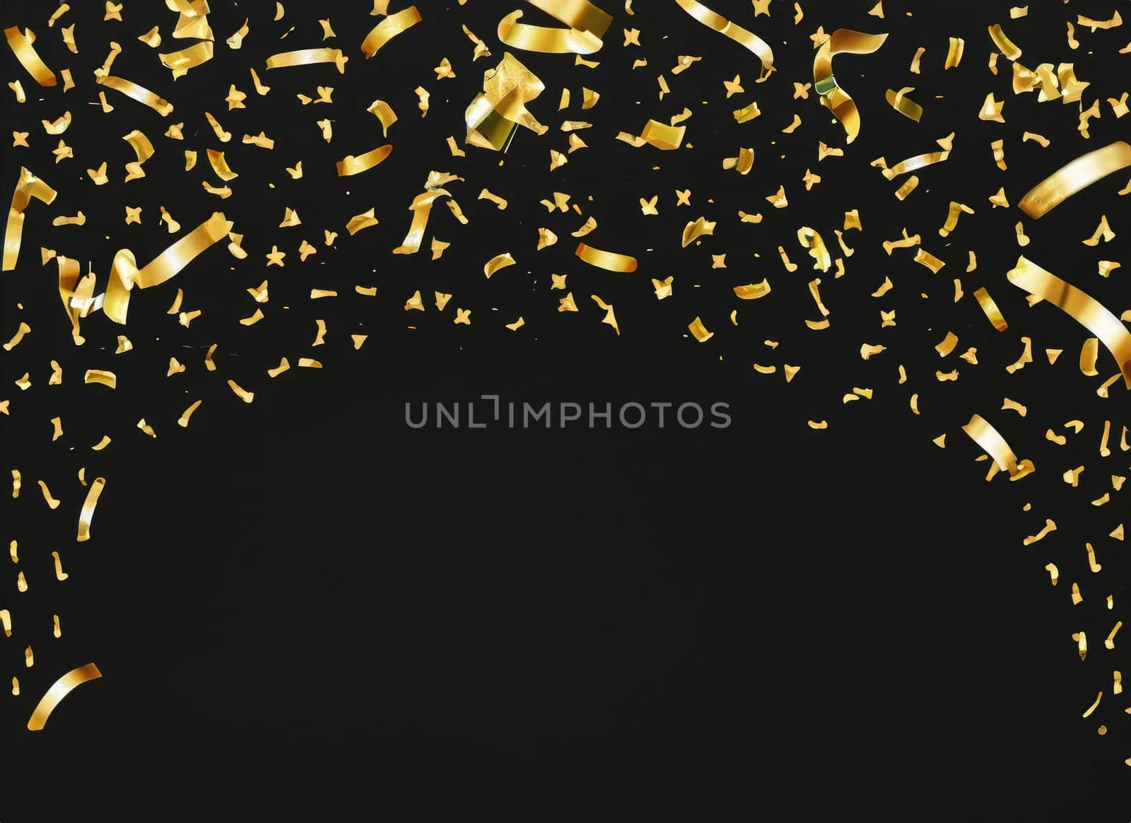 raining gold confetti isolated on black, party background concept with copy space for award