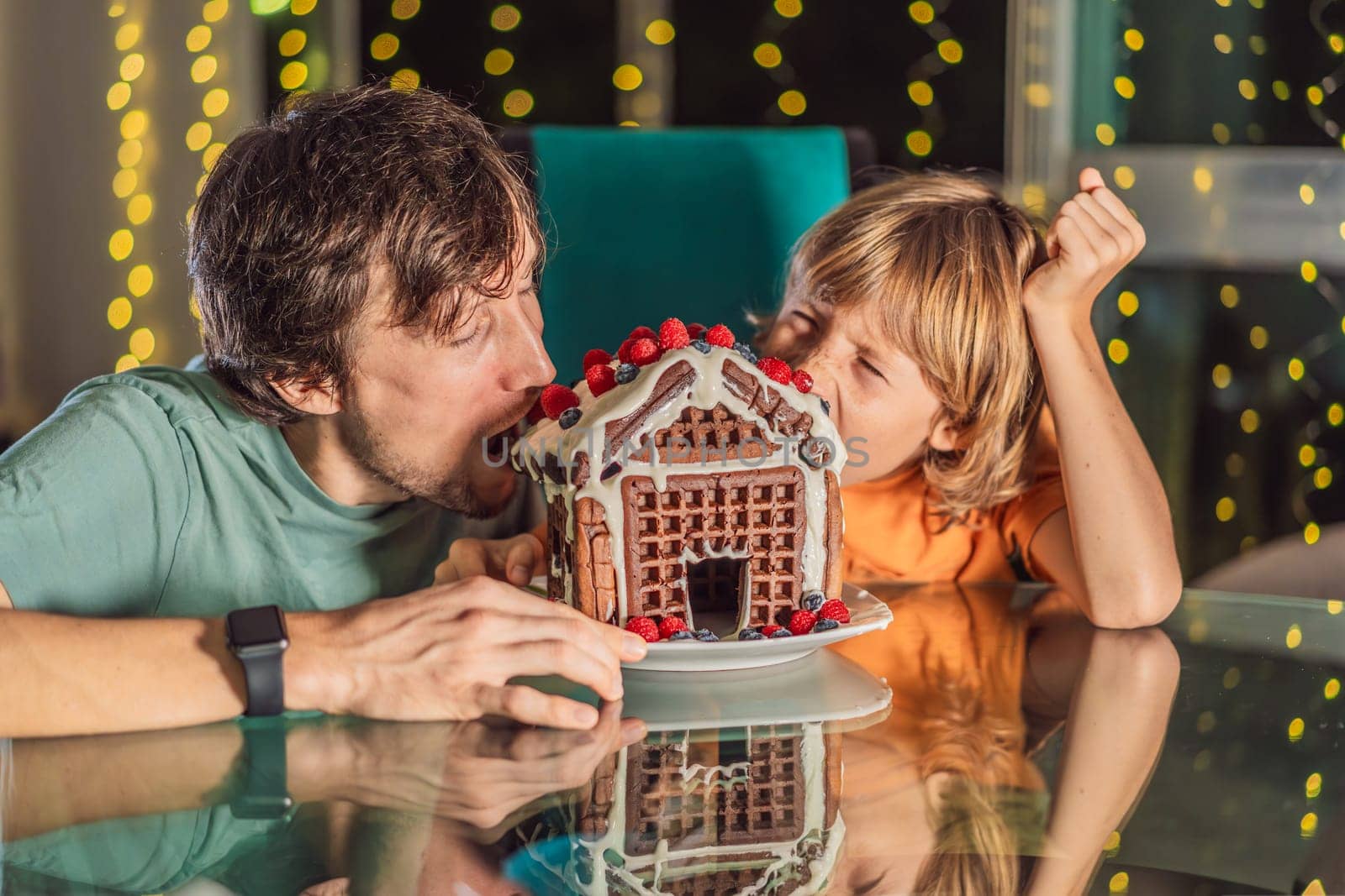 Savor unique moments as dad and son bite into an unconventional gingerbread house, adding a twist to Christmas traditions. A tasty blend of creativity and family joy.