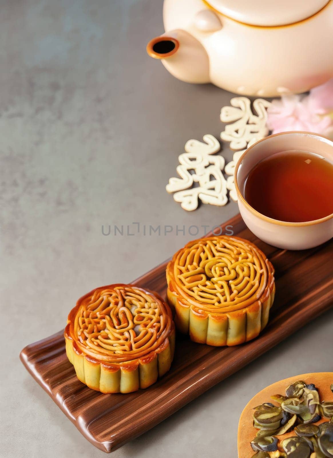 Moon cakes at mid autumn festival. Background food and drink tea and Mooncakes, copy space. AI Generated. by PeaceYAY