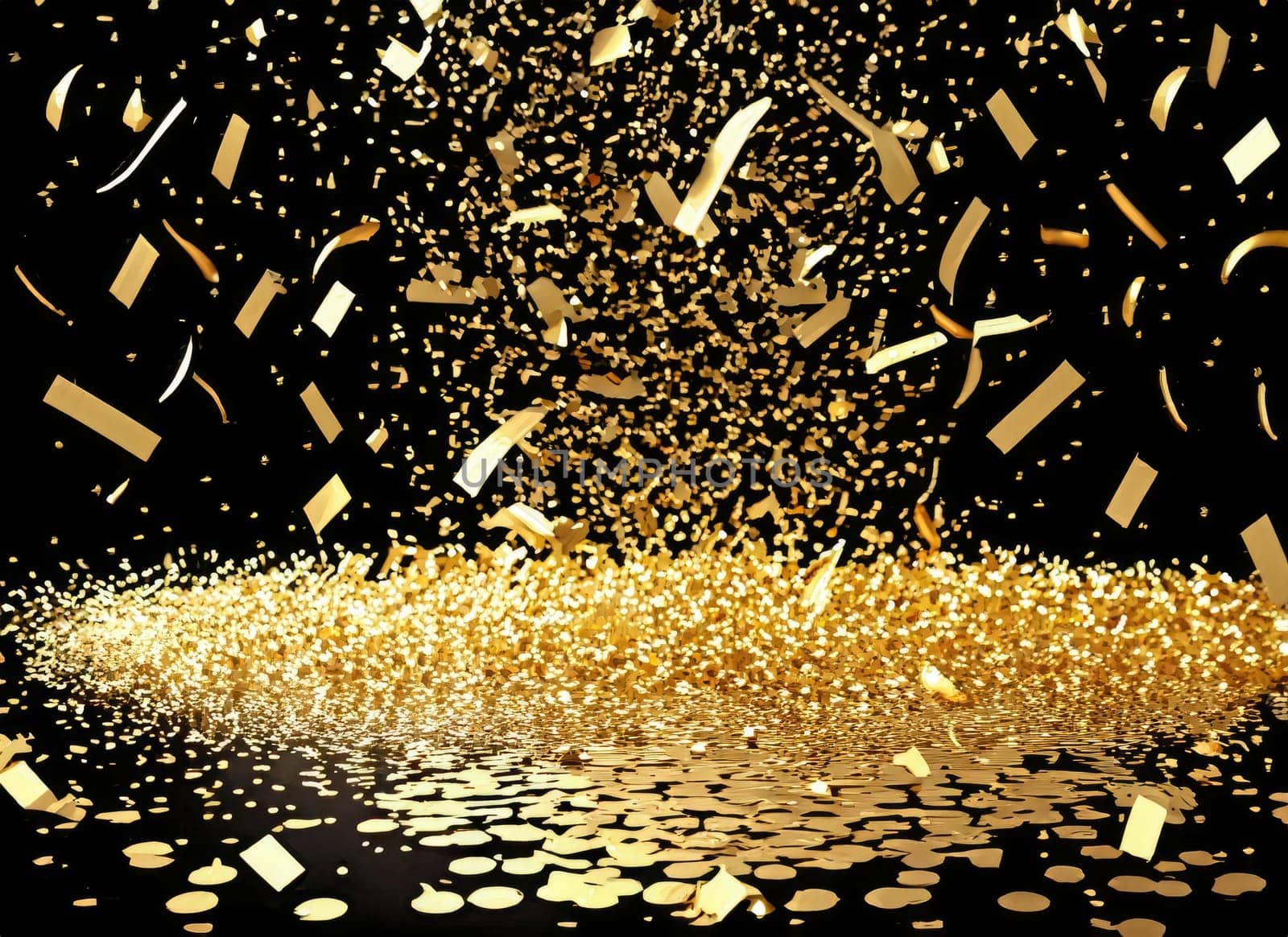 raining gold confetti isolated on black, party background concept with copy space for award