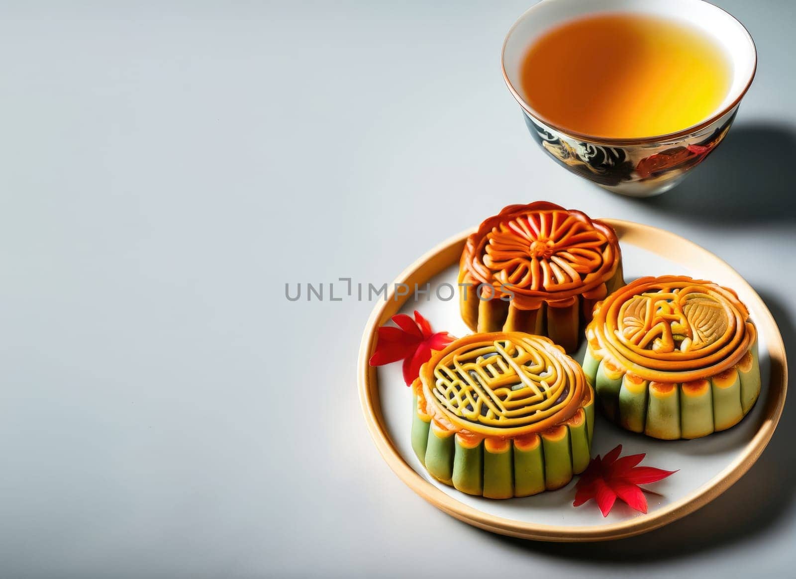Moon cakes at mid autumn festival. Background food and drink tea and Mooncakes, copy space. AI Generated. by PeaceYAY