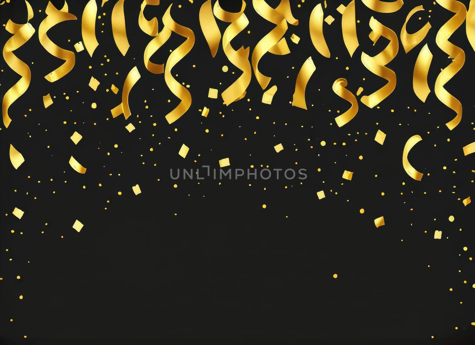 raining gold confetti isolated on black, party background concept with copy space for award