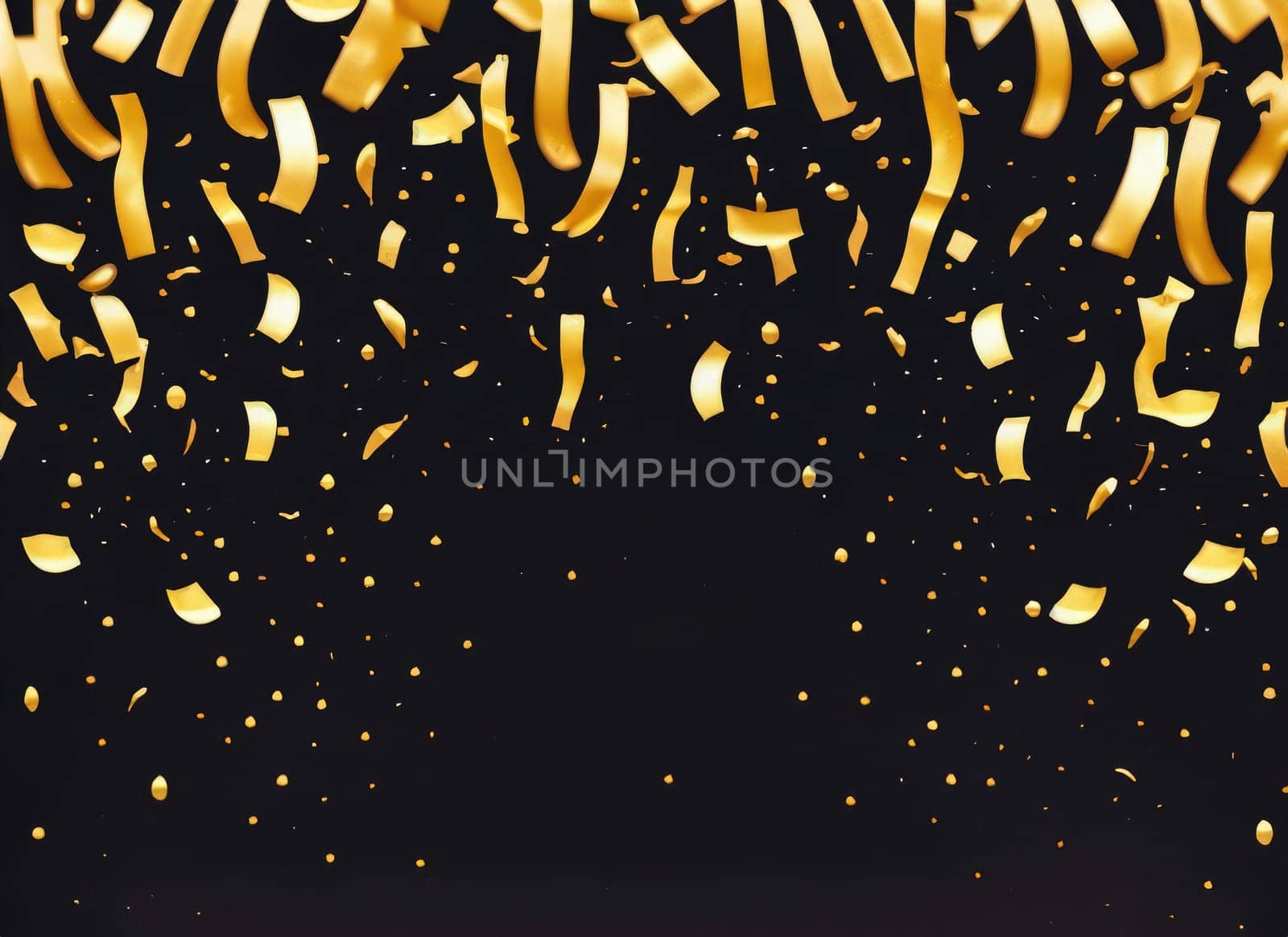 raining gold confetti isolated on black, party background concept with copy space for award