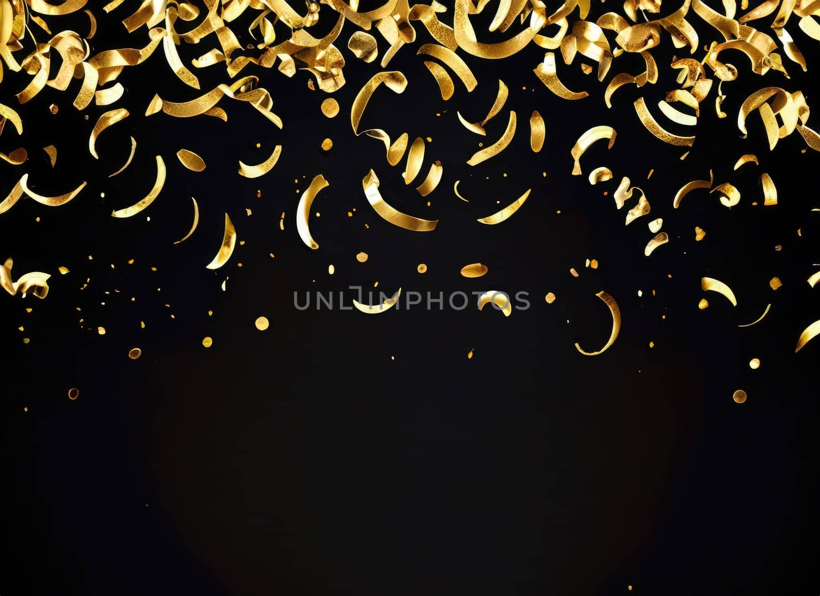 raining gold confetti isolated on black, party background concept with copy space for award