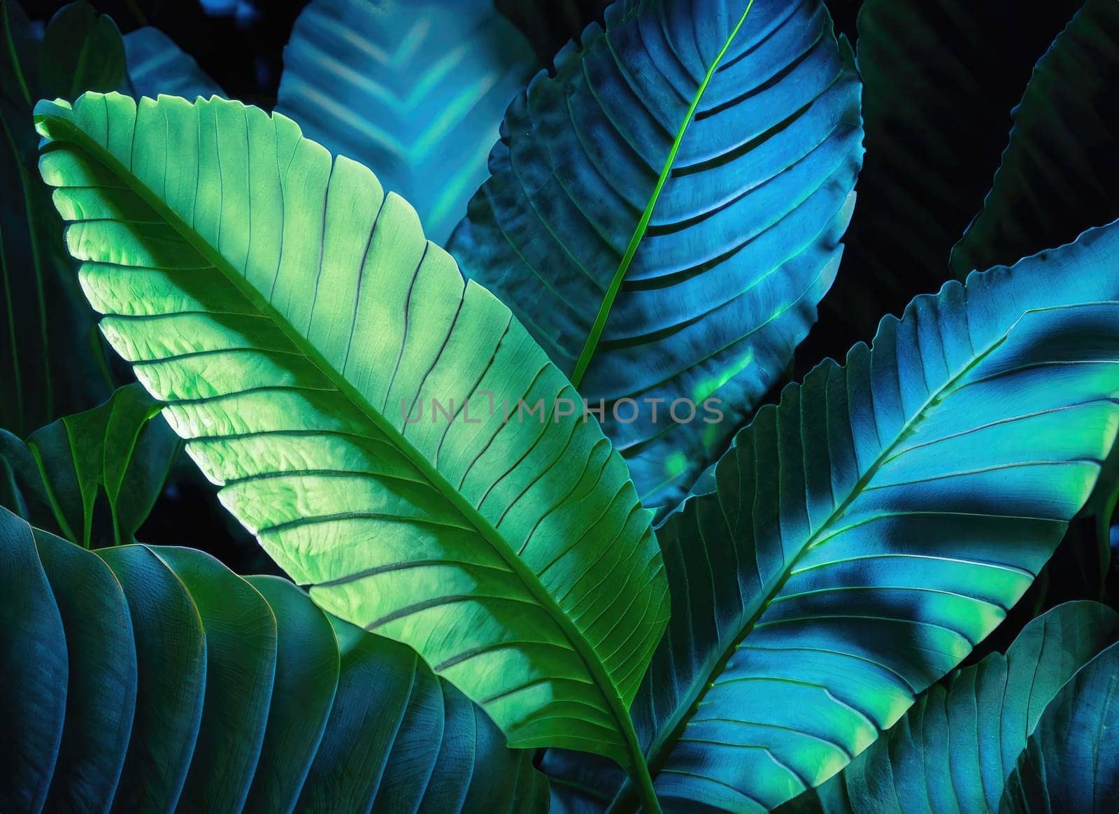 Tropical Leaves Illuminated with Blue and Green