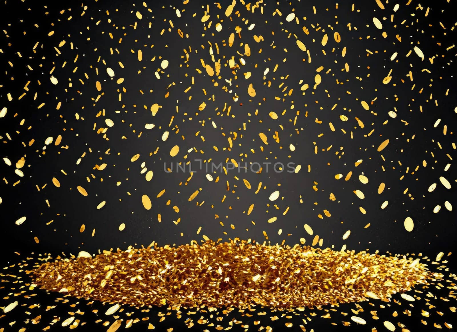 raining gold confetti isolated on black, party background concept with copy space for award. AI Generated. by PeaceYAY