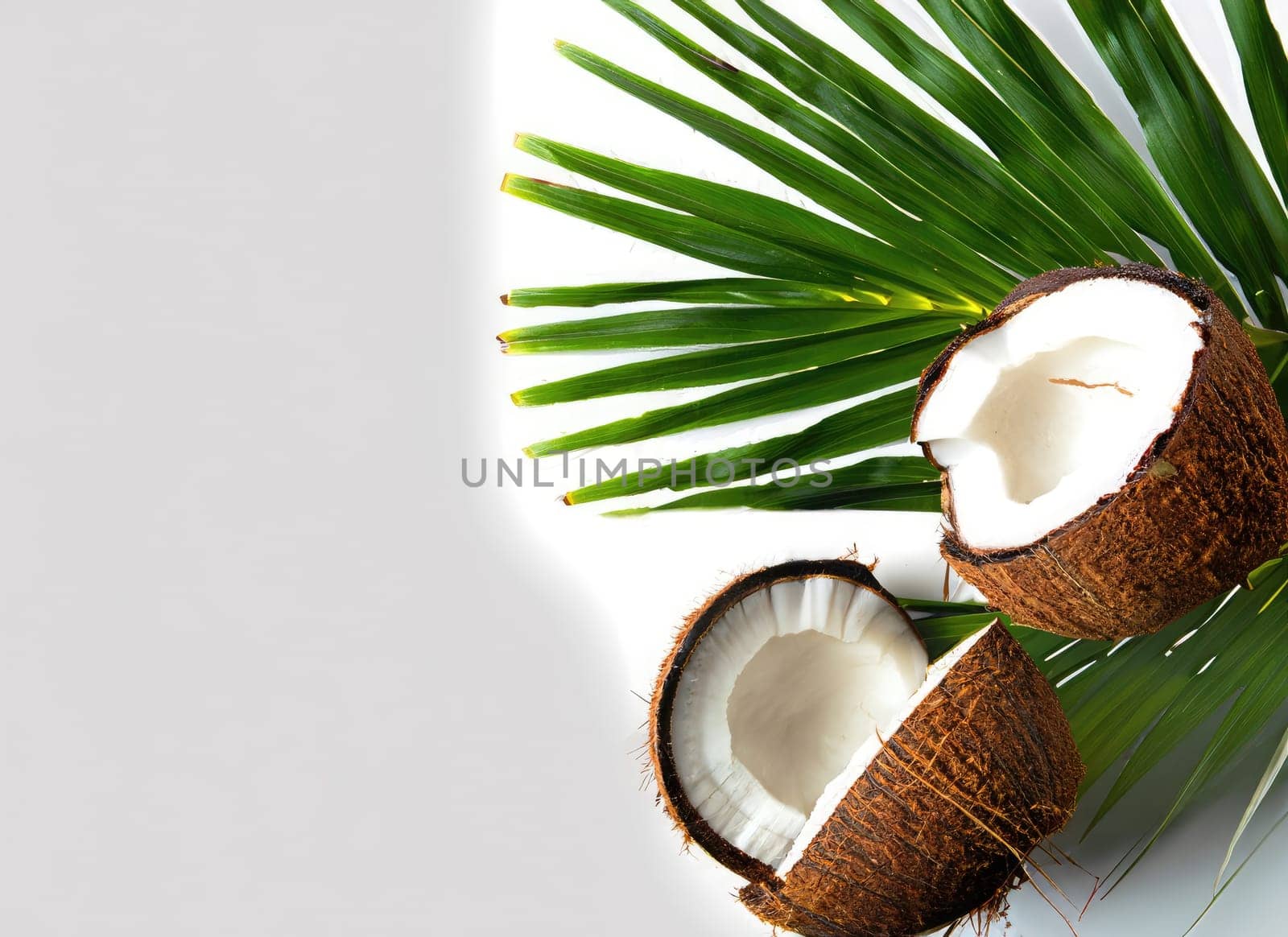  coconut and leaf with copy space for text on white . AI Generated. by PeaceYAY