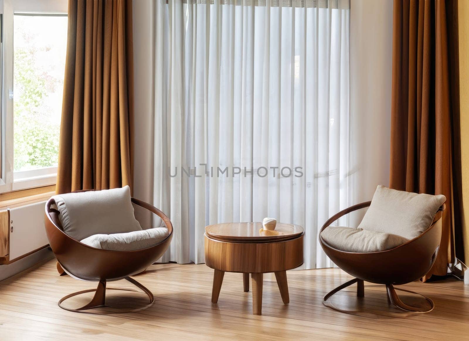  Two barrel chairs and round wooden coffee table against window near paneling wall. AI Generated. by PeaceYAY