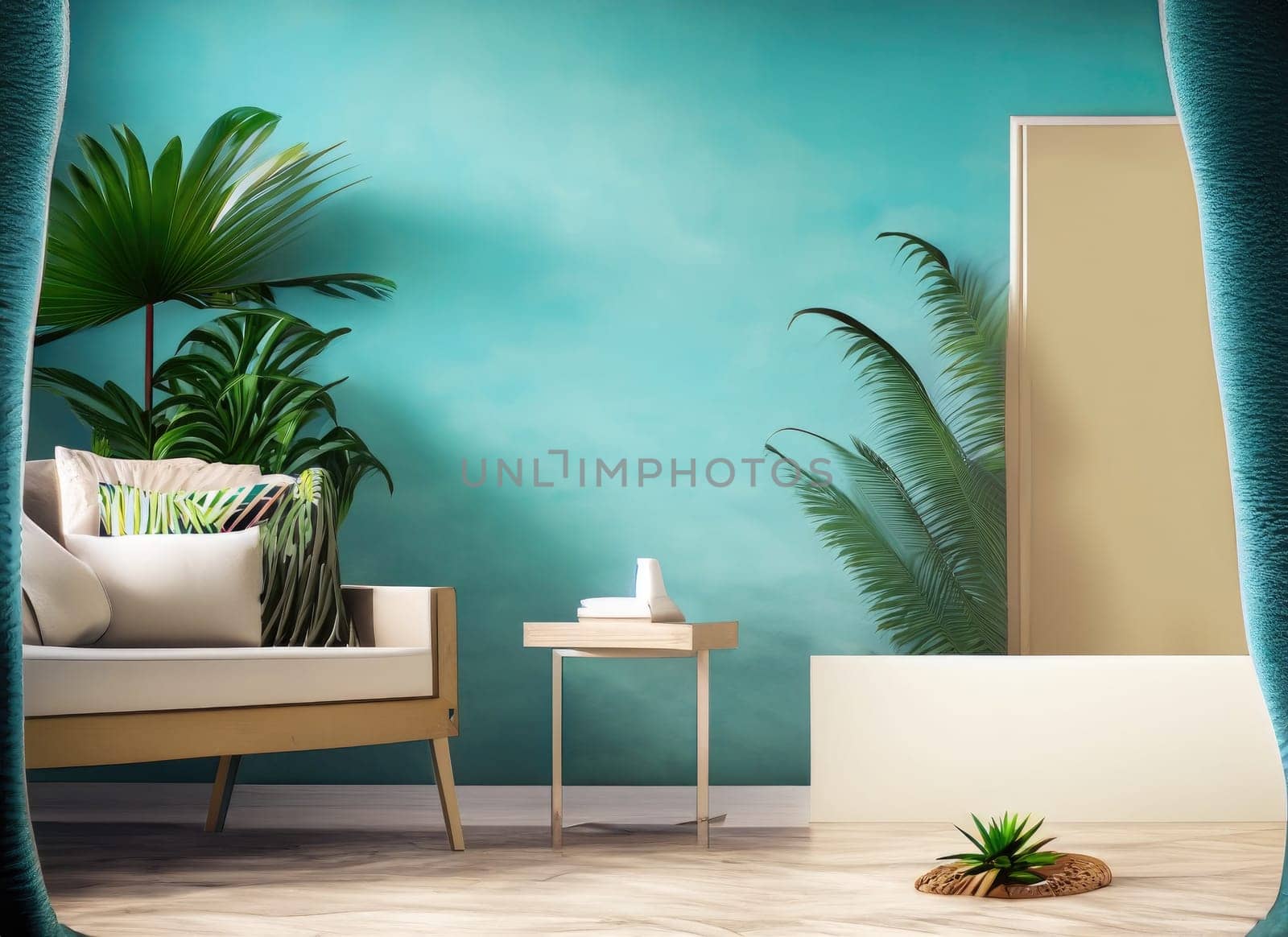 Tropical summer interior room with copy space. AI Generated. by PeaceYAY