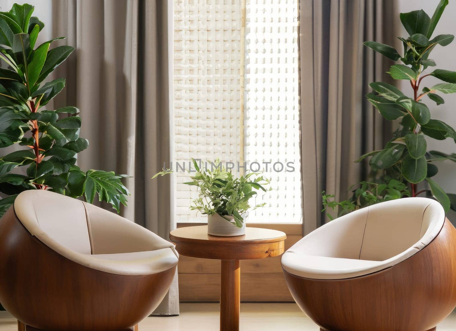  Two barrel chairs and round wooden coffee table against window near paneling wall