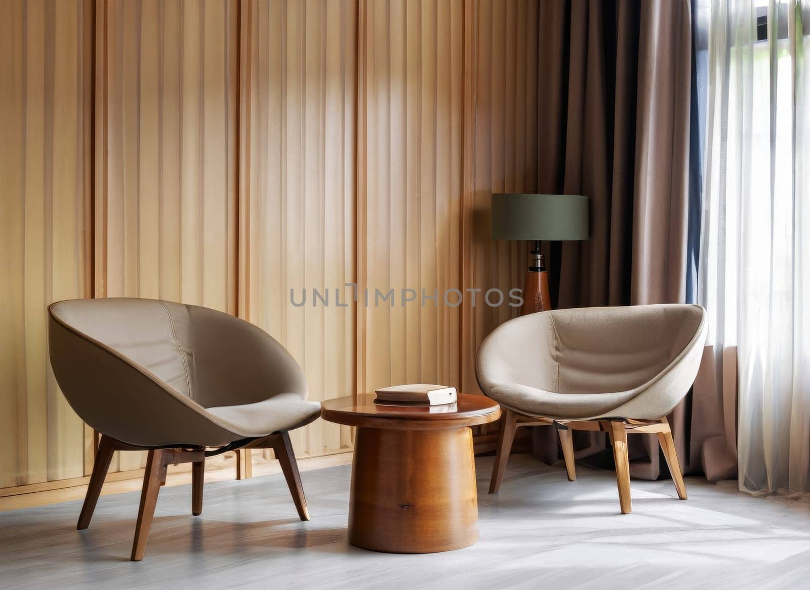  Two barrel chairs and round wooden coffee table against window near paneling wall