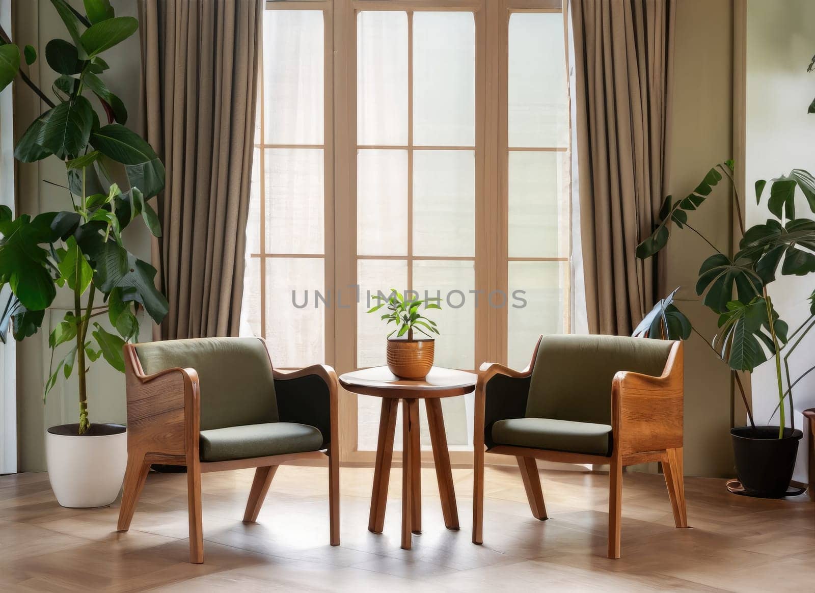  Two barrel chairs and round wooden coffee table against window near paneling wall