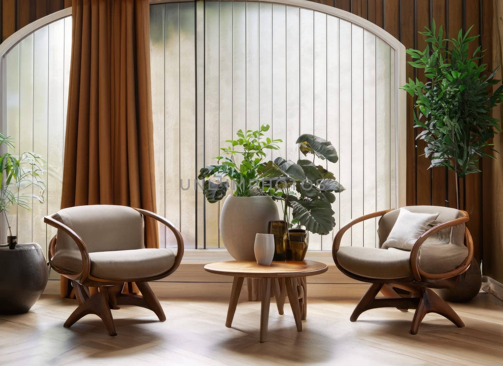  Two barrel chairs and round wooden coffee table against window near paneling wall. AI Generated. by PeaceYAY