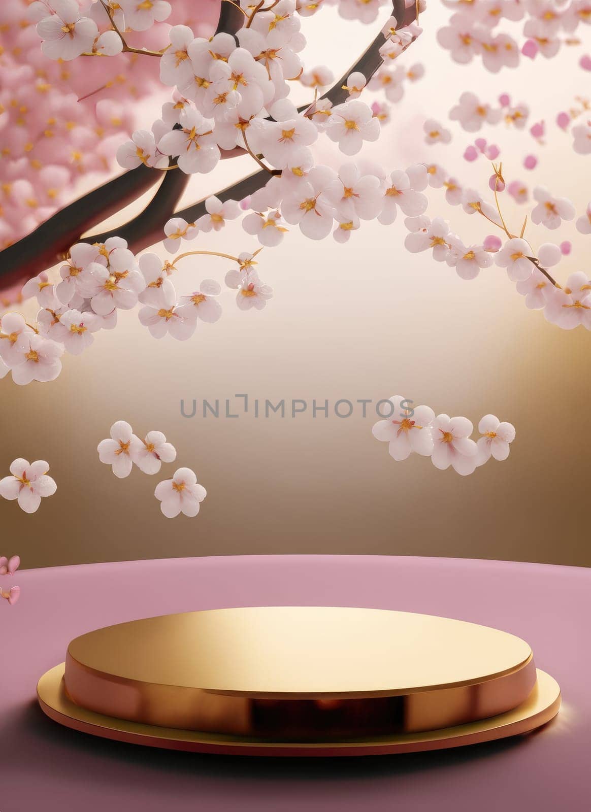 japanese style background. 3d podium white cherry blossom background for product presentation. AI Generated. by PeaceYAY