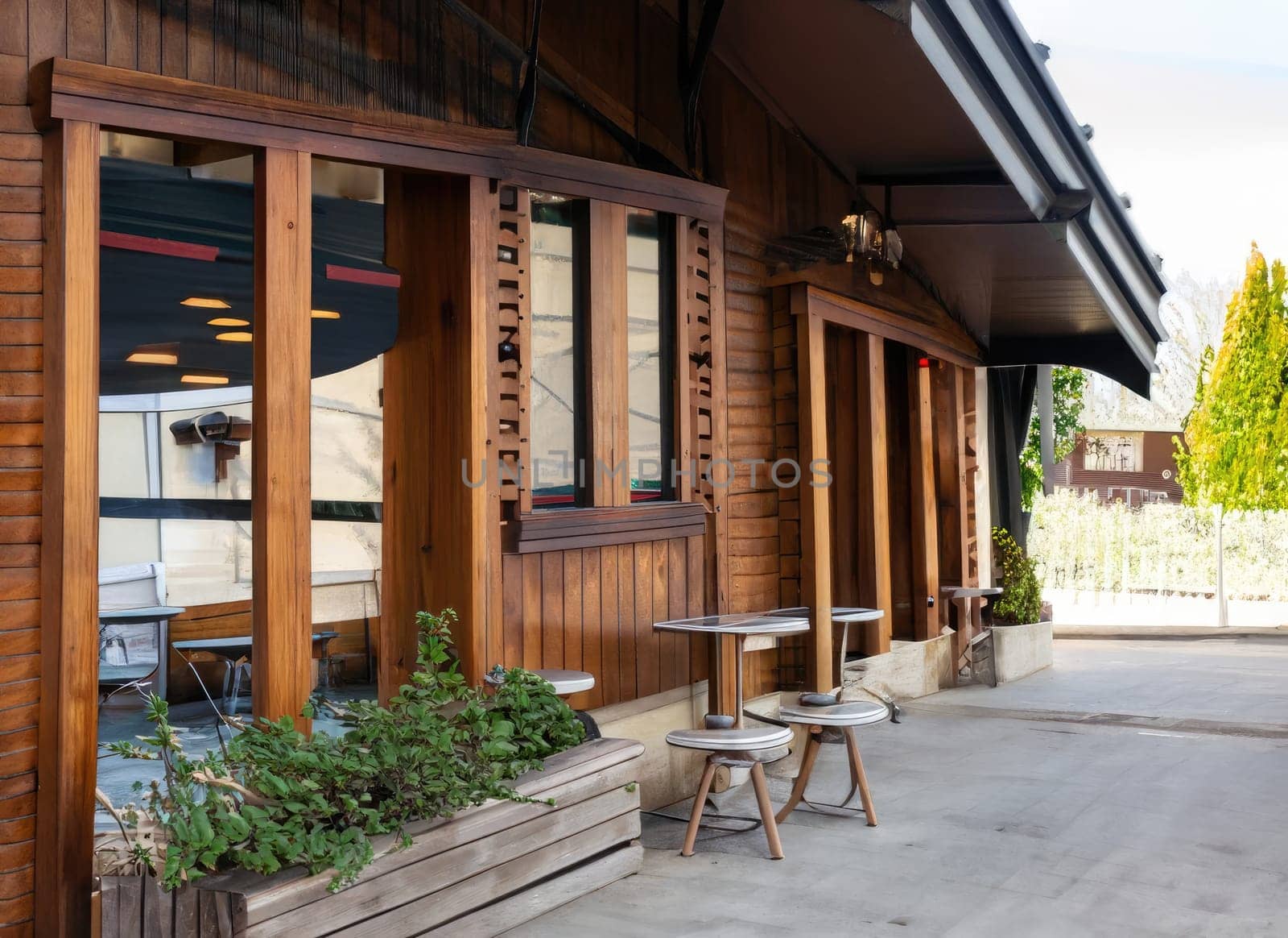 Exterior of small European wooden cafe or restaurant. with copy space.